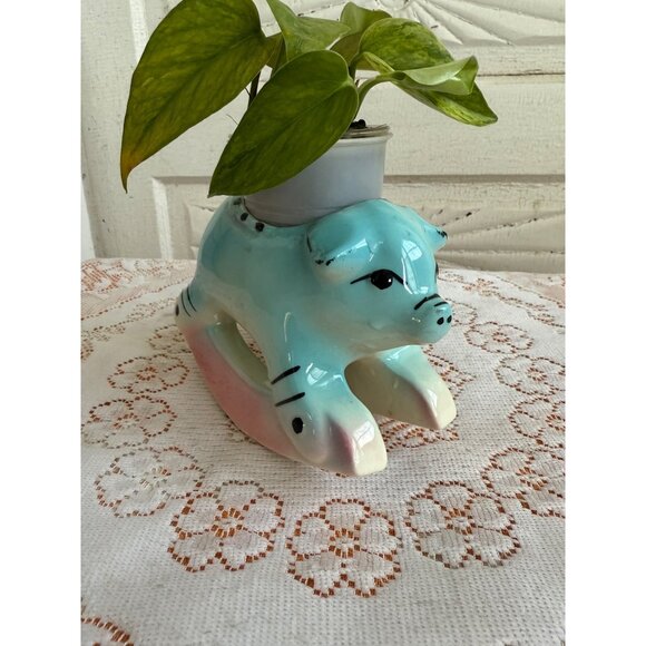 Vintage 50's Rocking Horse Pig Planter Blue Pink - Picture 9 of 11